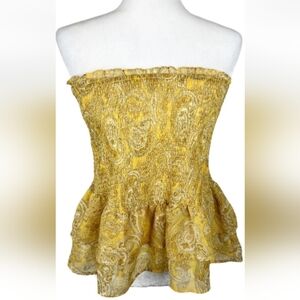 NSR Women's Yellow Gold Print Strapless Peplum Top Double Ruffle Hem Size Small
